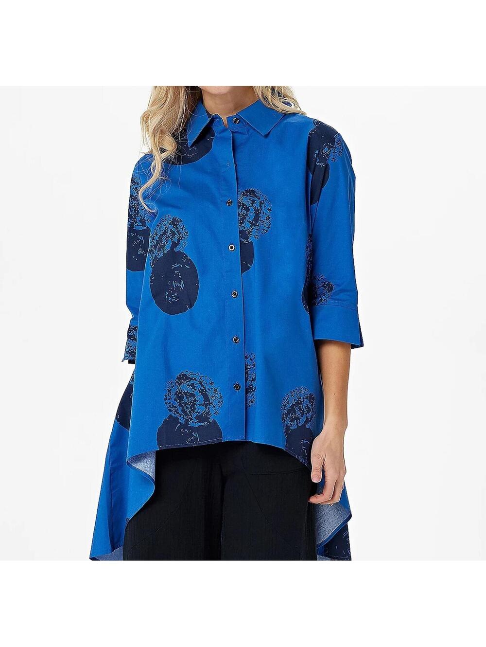 2644 Truth + Style  Printed Stretch Poplin Hi-Low Button Shirt BLUE sz L petite
